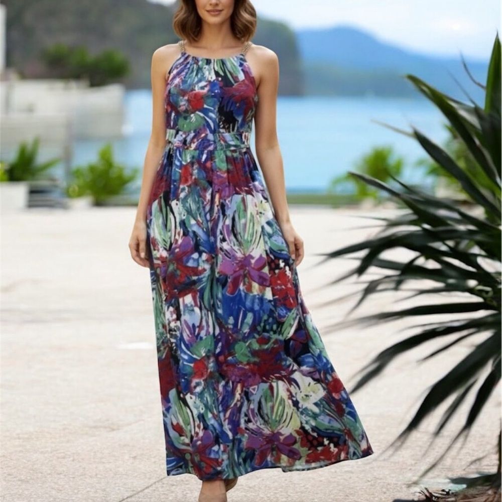 Sangria Máxi Dress Sz 10 Multicolor Chiffon Floral Gold Tone Chain Strap Lined